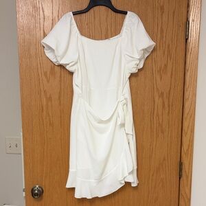 Elegant White Puff Sleeve Wrap Dress